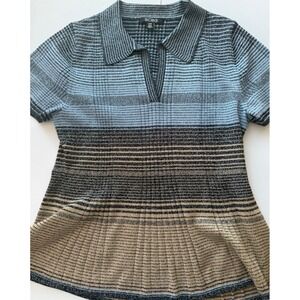 BCBG Metallic Ombre Knit Polo Top Blue Tan Striped Ribbed Short Sleeve Large NEW